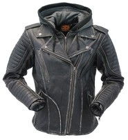 Women's Vintage Vented Concealed Pockets Motorcycle Jacket with Hoodie #LA2516VHK