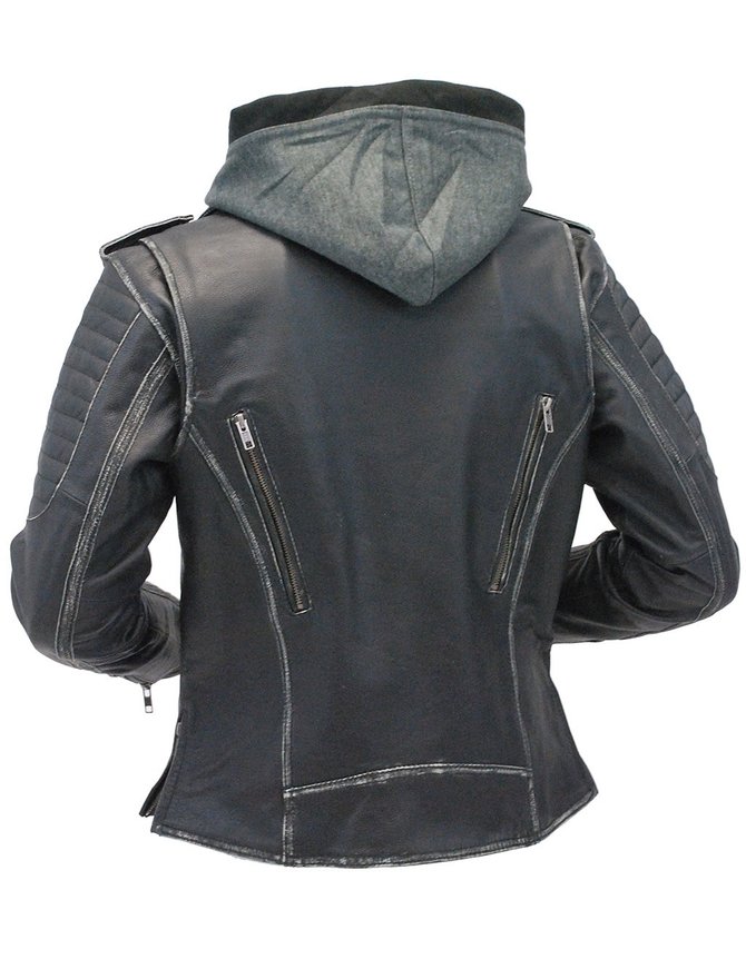 Women's Vintage Vented Concealed Pockets Motorcycle Jacket with Hoodie #LA2516VHK