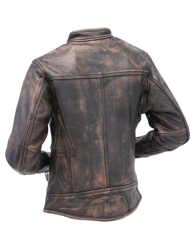 Vintage Womens Slim Biker Motorcycle Real Leather Zipper Jacket W162