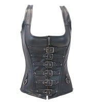 New black Long Body 6 Buckle Leather Corset with Boning for sale