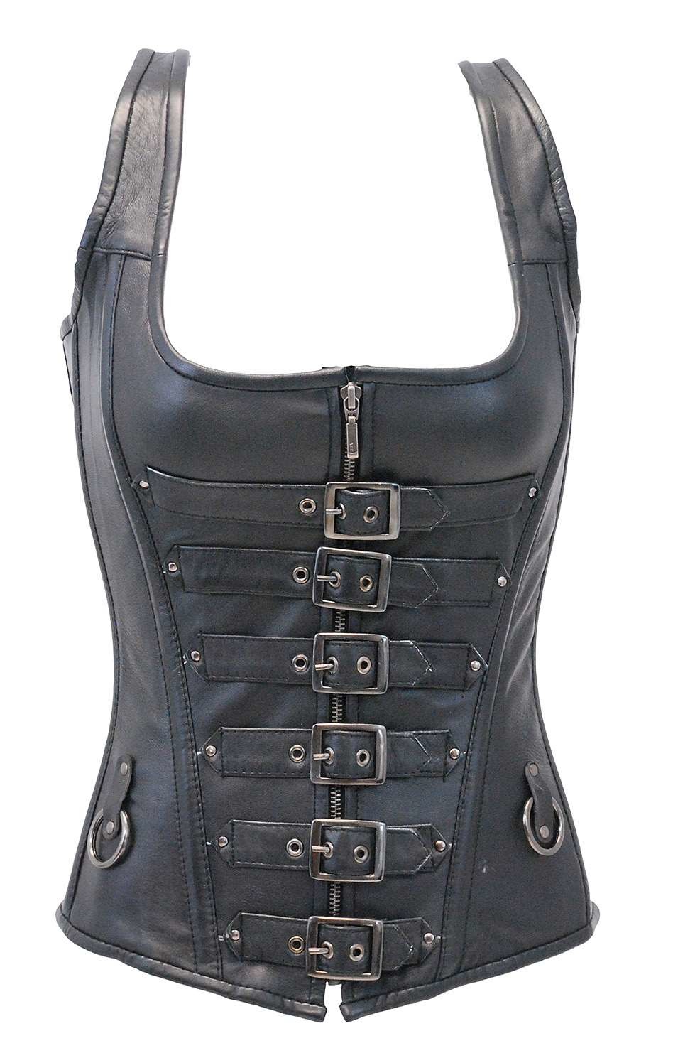 Ladies Black Lambskin Leather Zipper Front Corset w Side Lace