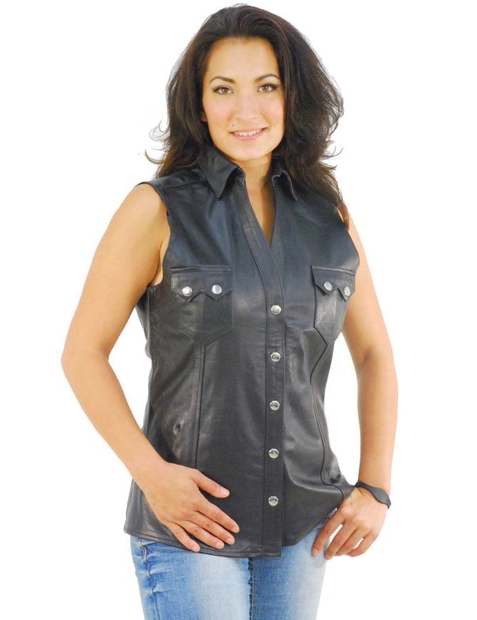 Jamin Leather Women's Sleeveless Black Leather Shirt #LS10121K