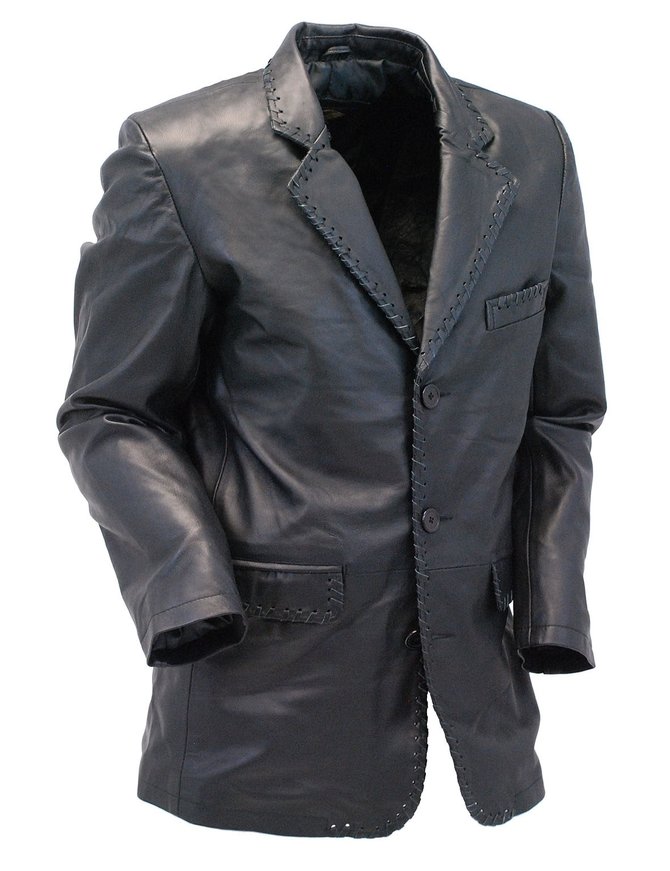 Jamin Leather Whip Stitch Black Lambskin Leather Blazer #M17082BK