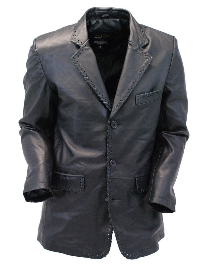 Jamin Leather® Whip Stitch Black Lambskin Leather Blazer #M17082BK