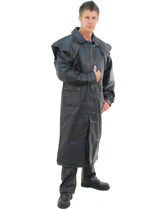 Men's Long Full Length Black Leather Button Front Trench Over coat Duster  Jacket