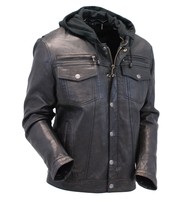 Men's Vintage Black Hooded Leather Jean Jacket w/Vents #MA2760GHVV