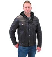 PrimeJackets Mens Hooded Leather Denim Jacket