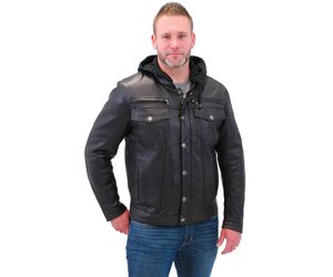 Men's Vintage Black Hooded Leather Jean Jacket w/Vents #MA2760GHVV