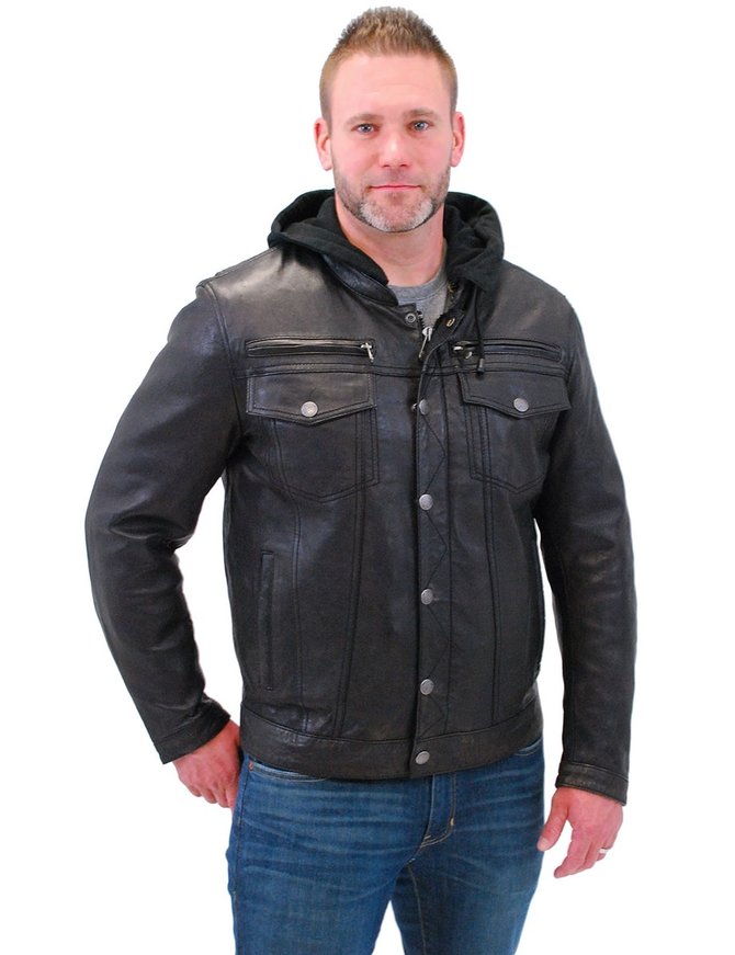 Men's Vintage Black Hooded Leather Jean Jacket w/Vents #MA2760GHVV