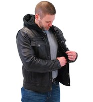 PrimeJackets Mens Hooded Leather Denim Jacket