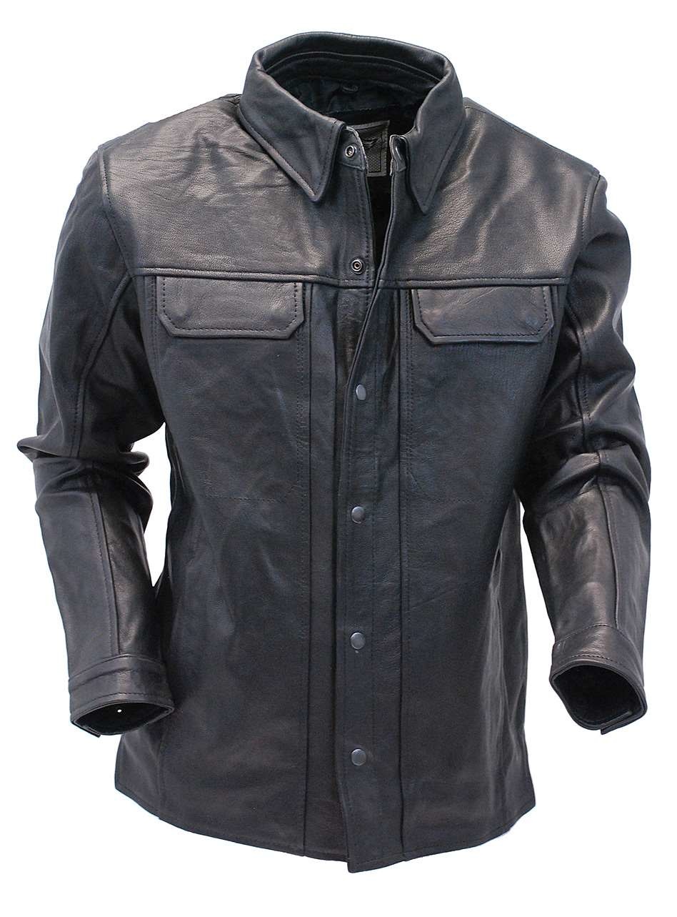 Mens Long Leather Shirt w/ Dual Inside Conceal Weapon Gun Pocket & Shirt Pocket 