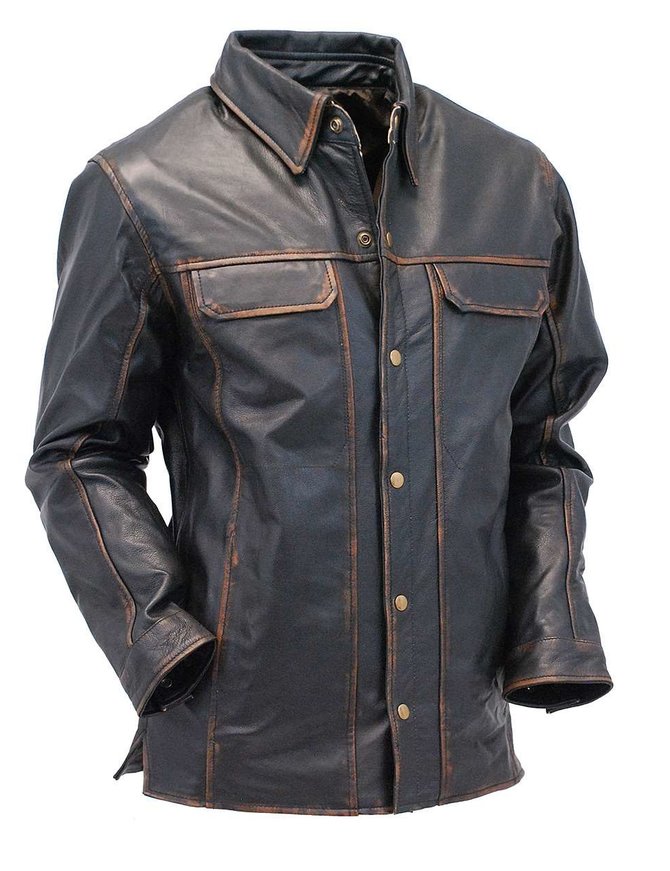 Men's Vintage Brown Leather Shirt w/Concealed Pockets #MSA8672GDN