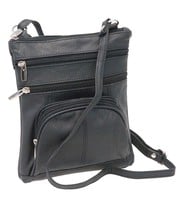 9'' Large Black Leather Side Bag Purse w/Organizer Front Pocket #P004K