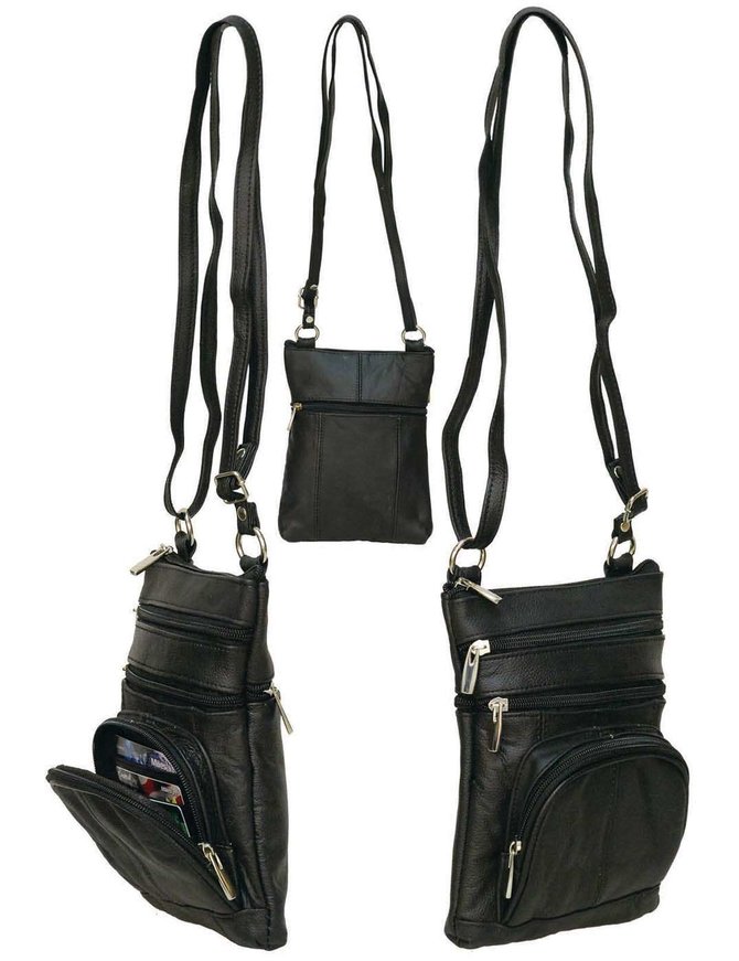 9'' Large Black Leather Side Bag Purse w/Organizer Front Pocket #P004K