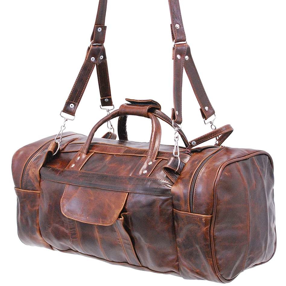 Full Grain Leather Travel Duffle Barrel Bag With Adjustable Straps 22 Inch  Large Compartment & Zippered Side Pockets Weekend Overnight Bag (Brown)