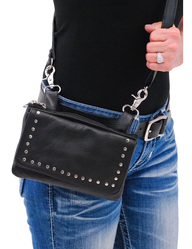 Stud Trim Black Leather Hip Klip Bag With Removable Strap#PKK2151RK