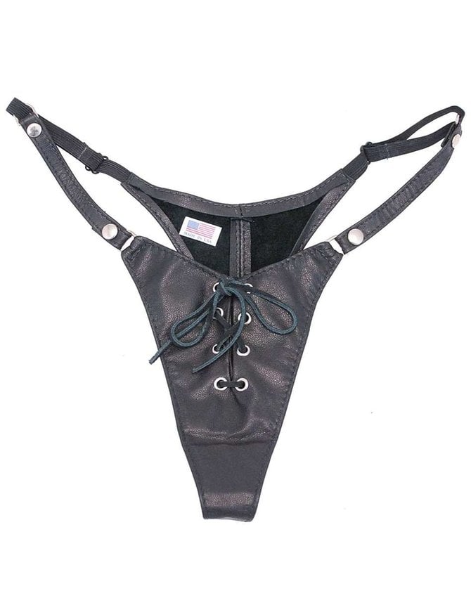 Womens Leather G-string Thong With Front Zipper