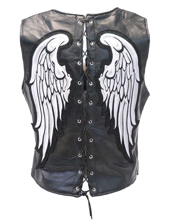 Lace Back Wing Patch Leather Zip Vest #VL1289WING