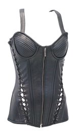 Vance Extra Long Side Lace up Zip Front Leather Corset w/Ribbed Cups #VL1340LZK