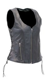 Unik Black Women's Concealed Pockets Side Lace Leather Zip Vest #VL4531GLK