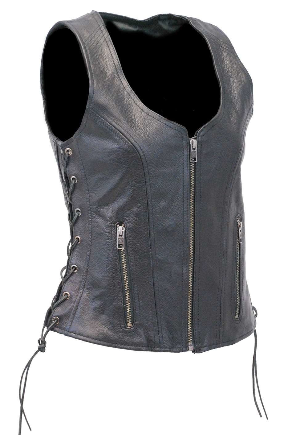 Black Womens Concealed Pockets Side Lace Leather Zip Vest Vl4531glk Jamin Leather® 
