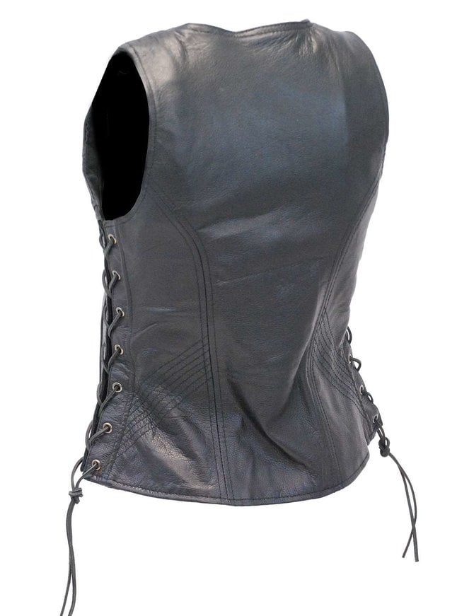 Unik Black Women's Concealed Pockets Side Lace Leather Zip Vest #VL4531GLK