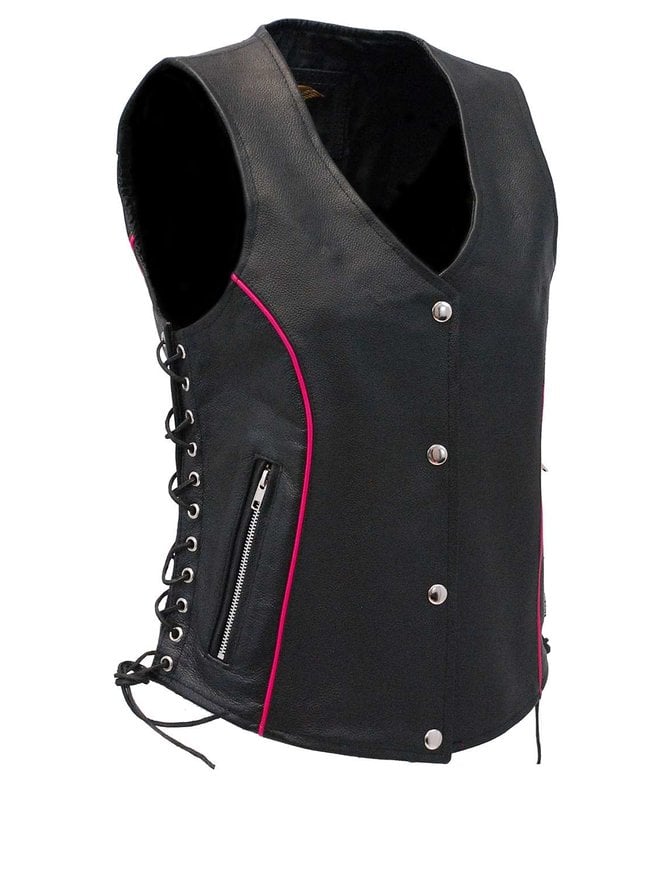 Jamin Leather® Women's Hot Pink Piping Side Lace Leather Concealed Pocket Vest #VL68502GHP