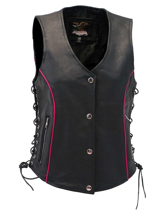 Jamin Leather Women's Hot Pink Piping Side Lace Leather Concealed Pocket Vest #VL68502GHP