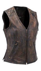 Unik Women's Vintage Brown Quilt Shoulder Leather CCW Pocket Vest #VLA6864QGN