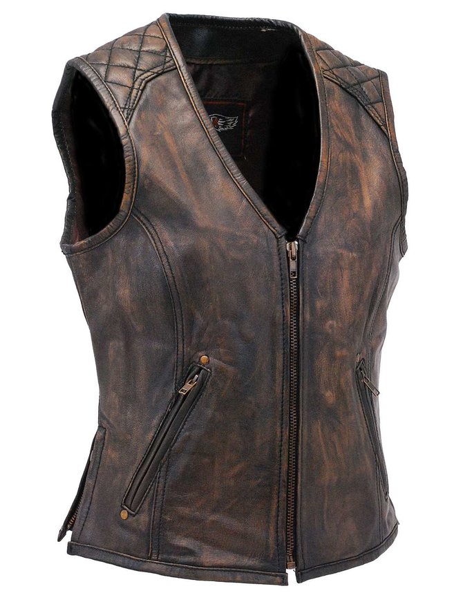 Women's Vintage Brown Quilt Shoulder Leather CCW Pocket Vest # ...
