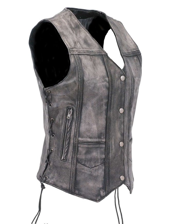 Women's Vintage Gray CCW Side Lace Leather 10 Pocket Vest VLA6872LGY