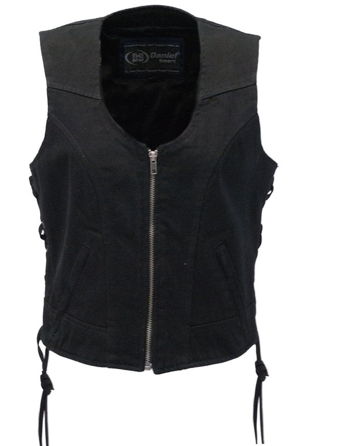 Daniel Smart Women's Side Lace Black Denim Zip Vest #VLC9420LZK