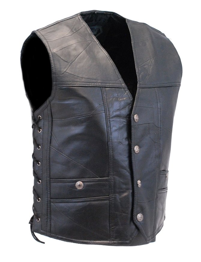 Concealed Pocket Patch Leather Side Lace Biker Vest #VM1283GLK
