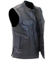 Daniel Smart Men's Collarless Black Leather Club Vest With Easy Access Concealed Pocket #VM1770GK