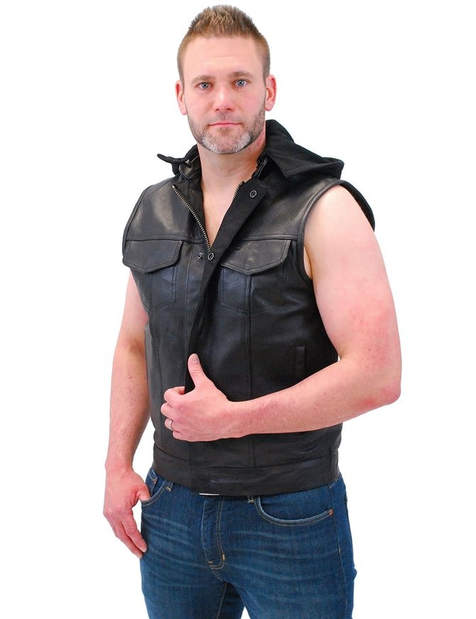 Daniel Smart Men's Hooded Black Leather Club Vest w/Concealed Pockets #VM1820GHK