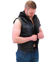 Daniel Smart Men's Hooded Black Leather Club Vest w/Concealed Pockets #VM1820GHK