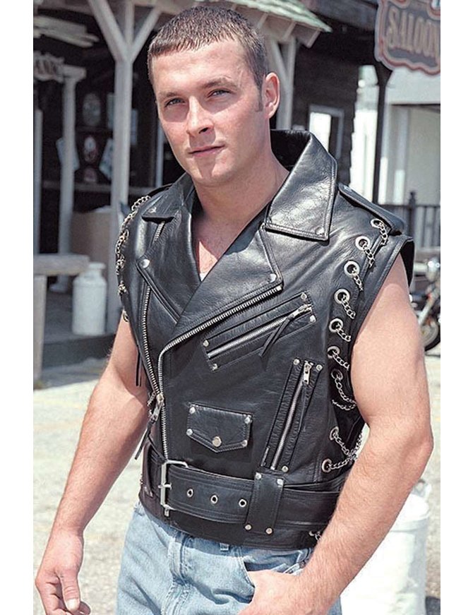 Jamin Leather® Chromed Out Leather Motorcycle Vest w/Chains #VM2001MCC