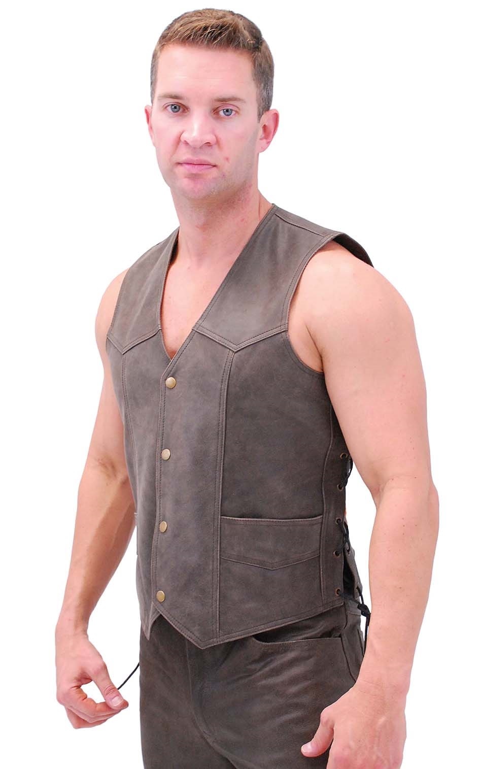 Premium Rich Brown Leather Vest w/Side Lace #VM2622N