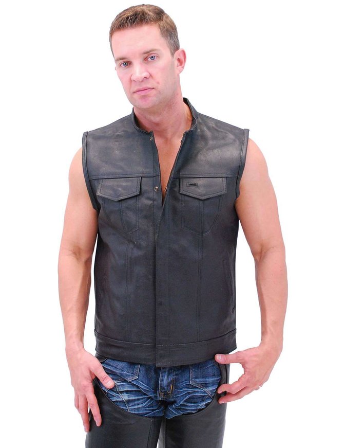 Men's Black Split Leather Club Vest Front Extension