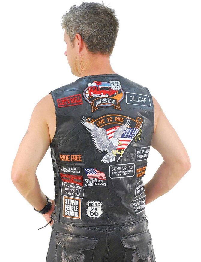 Leather motorcycle vest with patches & pins size 46 - South Auction