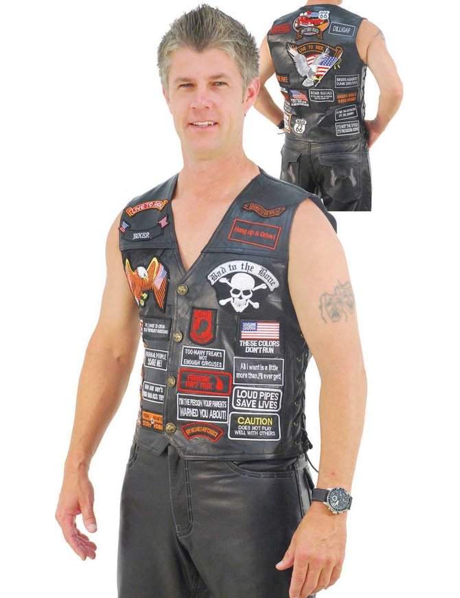 Genuine Black Leather Vest with 42 Patches - Extra Large