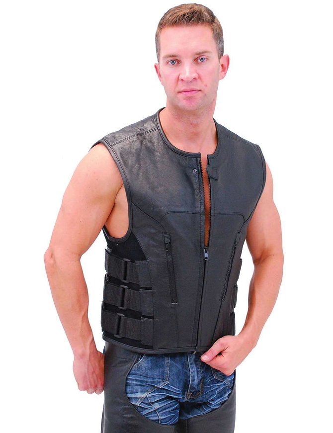 Triple Side Strap Leather Club Vest w/No Collar & Full Back