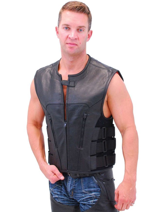 Triple Side Strap Leather Club Vest w/No Collar & Full Back #VM645CSL