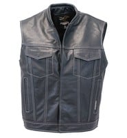 Jamin Leather Men's White Stitch Black Leather Club Vest w/1 Piece Back #VM904GNWK