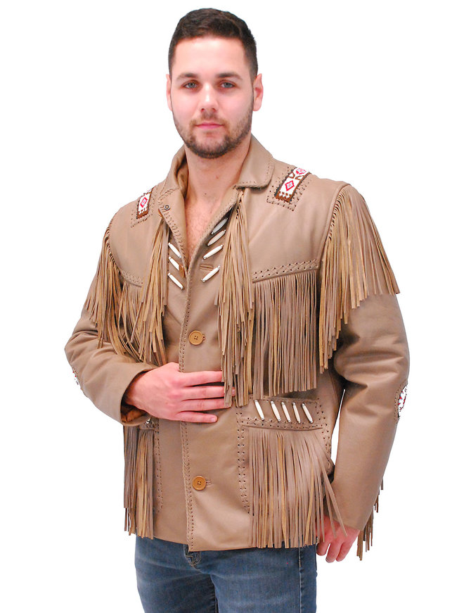 Jamin Leather® Western Brown Leather Jacket w/Fringe & Bone Beading  #M2633BBFN