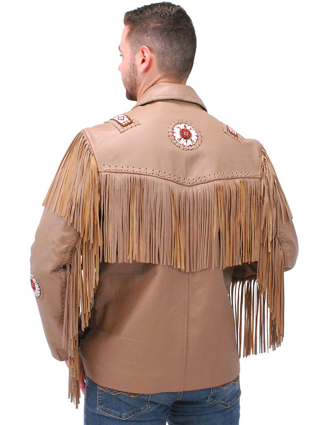 Jamin Leather® Western Brown Leather Jacket w/Fringe & Bone Beading #M2633BBFN