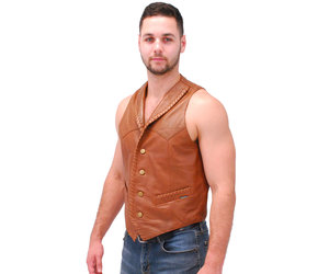 Jamin Leather® Light Brown Vintage Waxy Lambskin Western Whip Stitch Vest  #VM2061WN