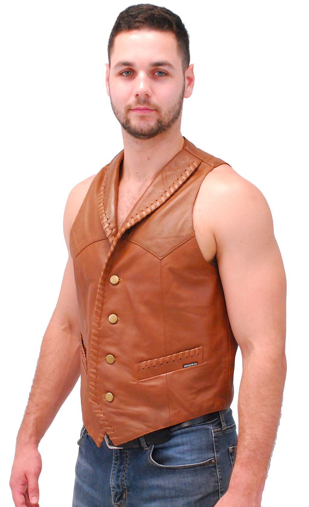 Light Brown Vintage Waxy Lambskin Western Whip Stitch Vest #VM2061WN -  Jamin Leather®