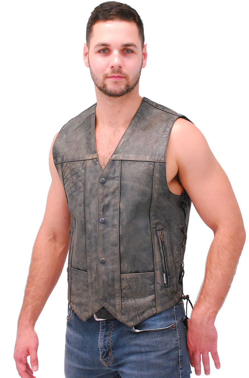 Men's Classic Lace-Up Side Motorcycle Leather Vest With Concealed Carry 