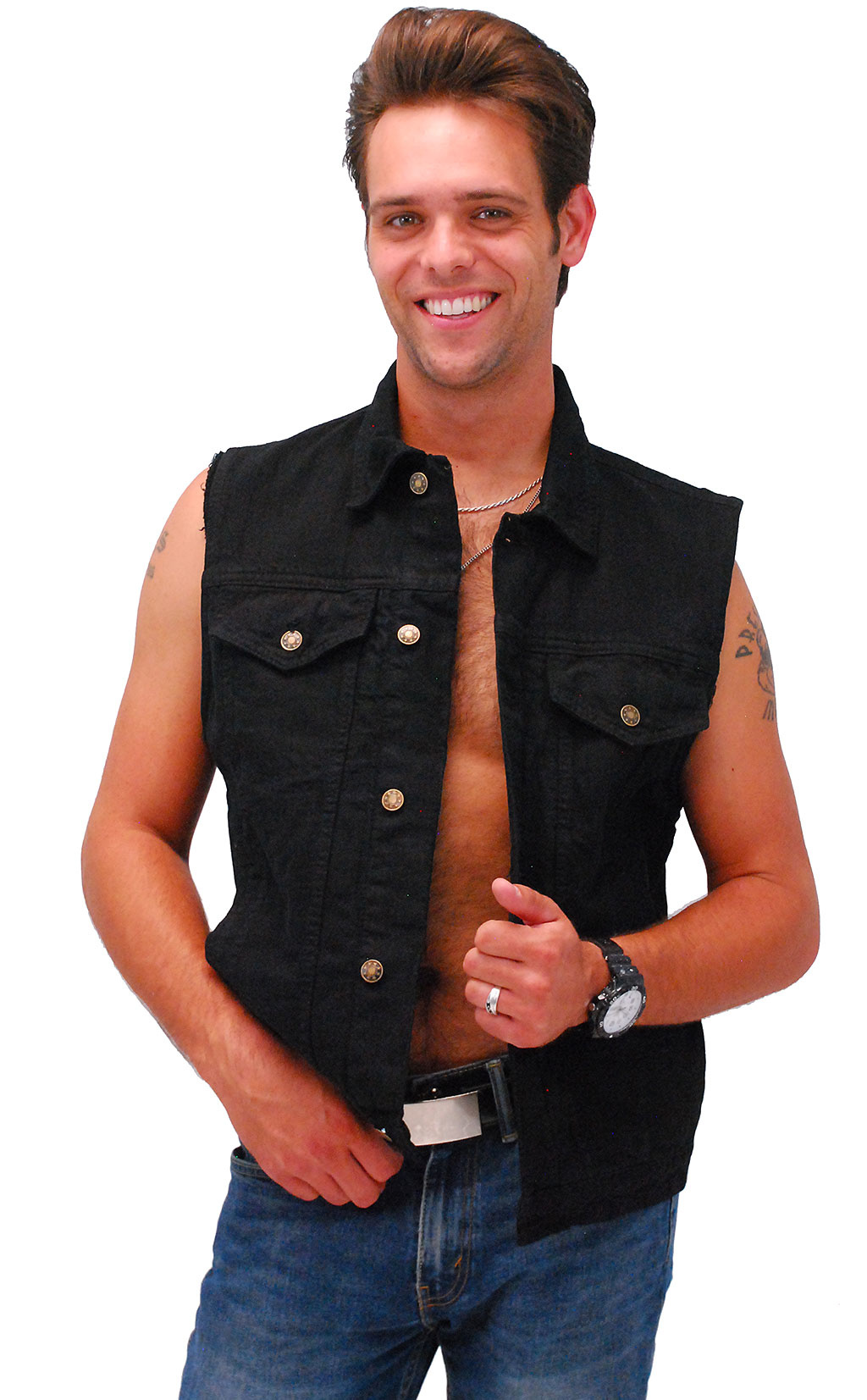 Black Denim Button Up Club Vest w 